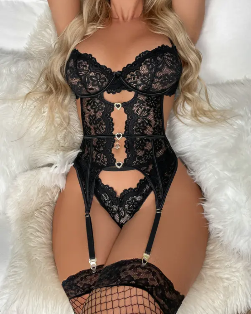 ZARAH Black Floral Lace Teddy Body Suit With Garter Belt