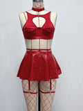 Virelia™ | Sheer Mesh Bra with Faux Leather Skirt & Stockings Set
