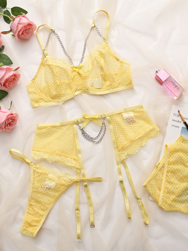 Noirvyn™ | Valentine Mesh Lace Bralette Set with Garters & Chain