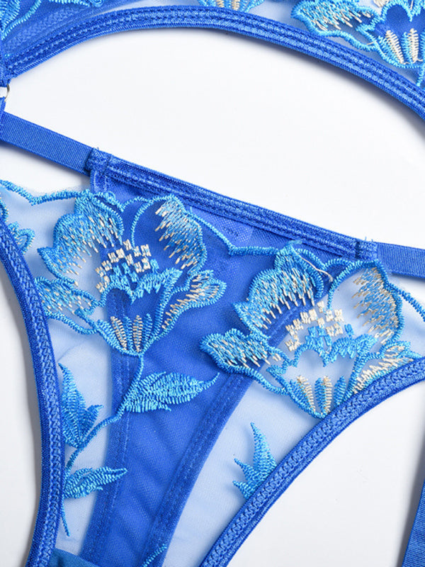 Florévia™ | Floral Embroidered Bra, Garter & Panty Set