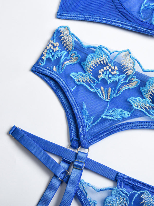 Florévia™ | Floral Embroidered Bra, Garter & Panty Set