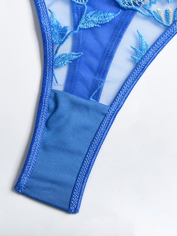 Florévia™ | Floral Embroidered Bra, Garter & Panty Set